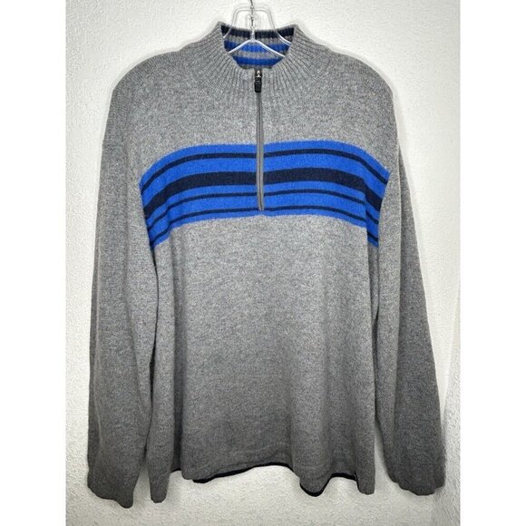 Eddie Bauer Mens Sweater Extra Large Quarter Zip Wool Gray Blue Stripe 1/4 Zip - Picture 2 of 13